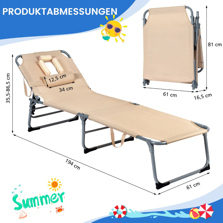 Justerbar – solstol Hopfällbar strandstol med kudde – 194 x 61 x 35,5-86,5 cm – Beige