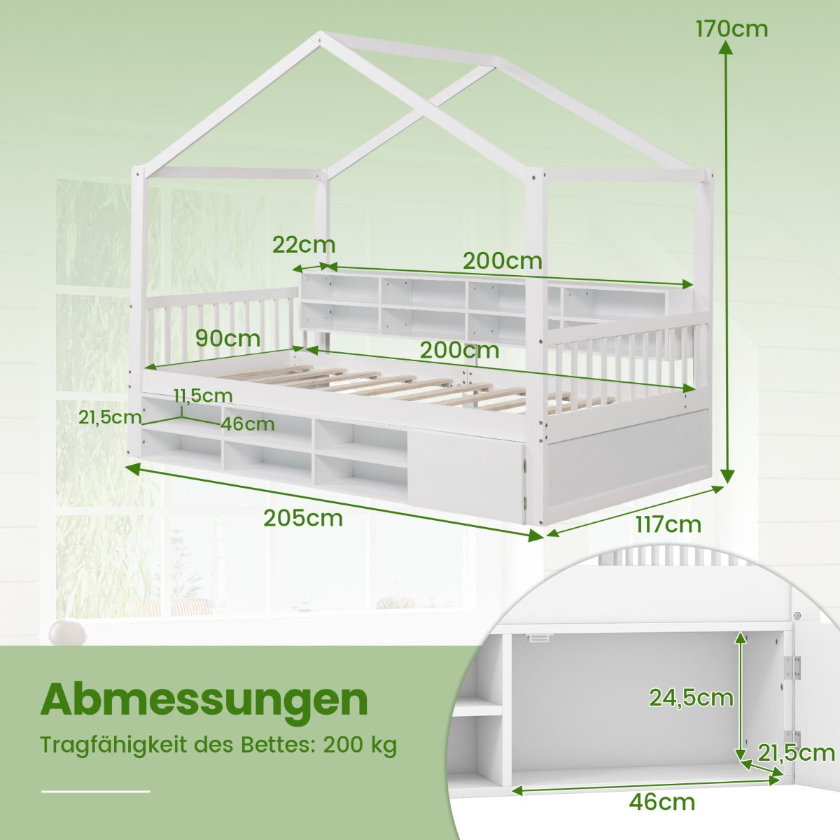 Hussäng – Barnsäng i husform med fallskydd och lamellram fack – 200 x 90 cm 14 – Vit