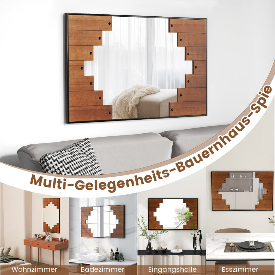 Rektangulär – spegel med träram rustik tvåvägskrok – 60 x 95 cm – Trä