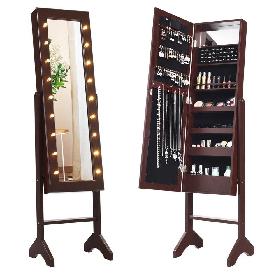 LED smyckesskåp – med fullängdsspegel och sminkspegel Lutningsbar – 18 – Brun
