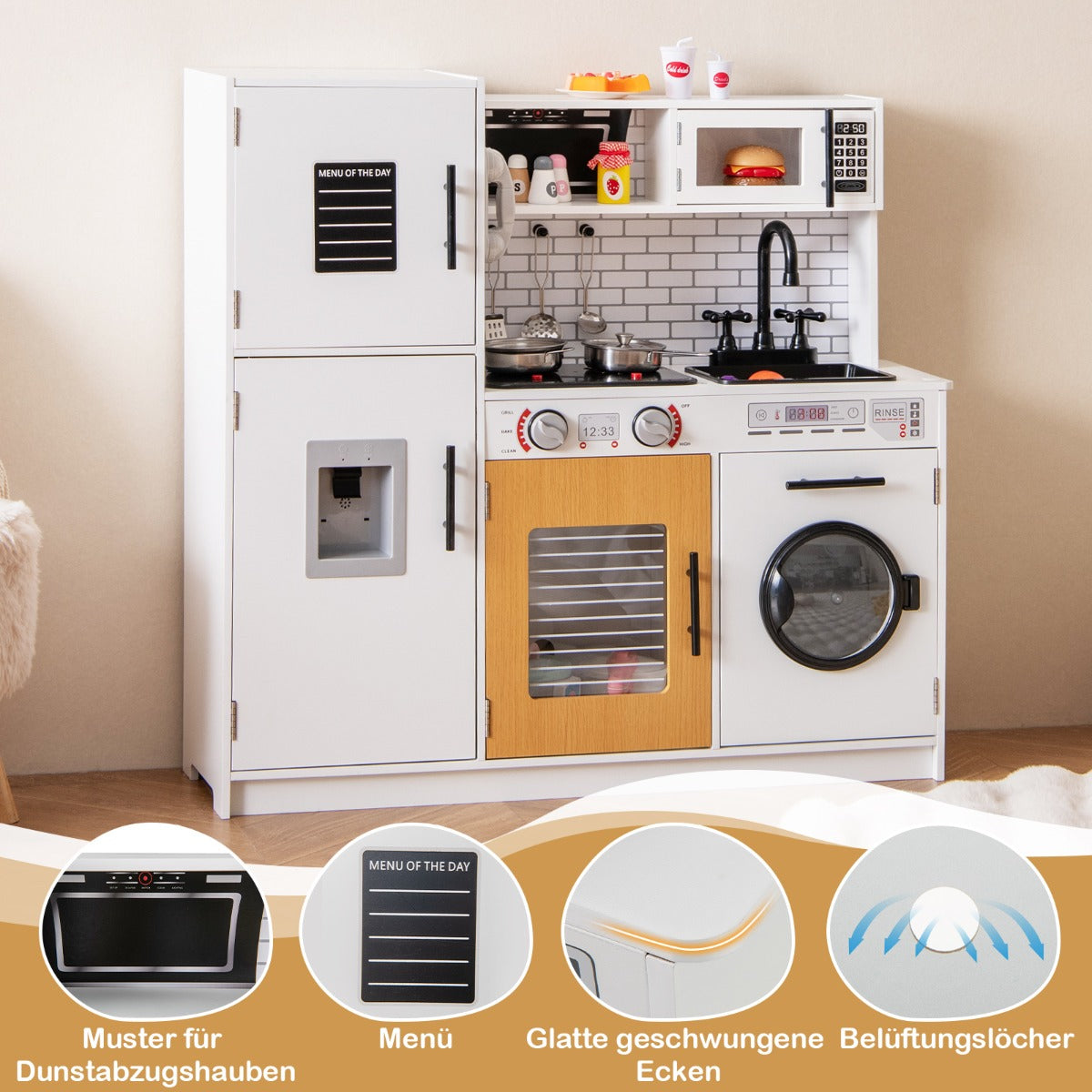 Barnkök – med tillbehör Lek köksleksaksset ugn och tvättmaskin – Vit