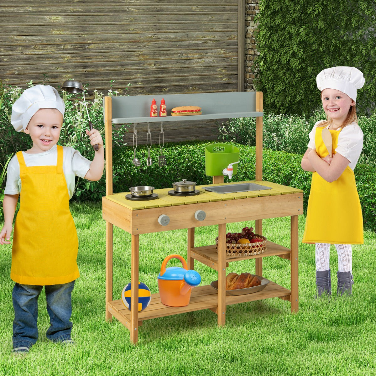 Utomhus – barns lerkök med vattenfunktion och krokar löstagbar hylllekök – Natur