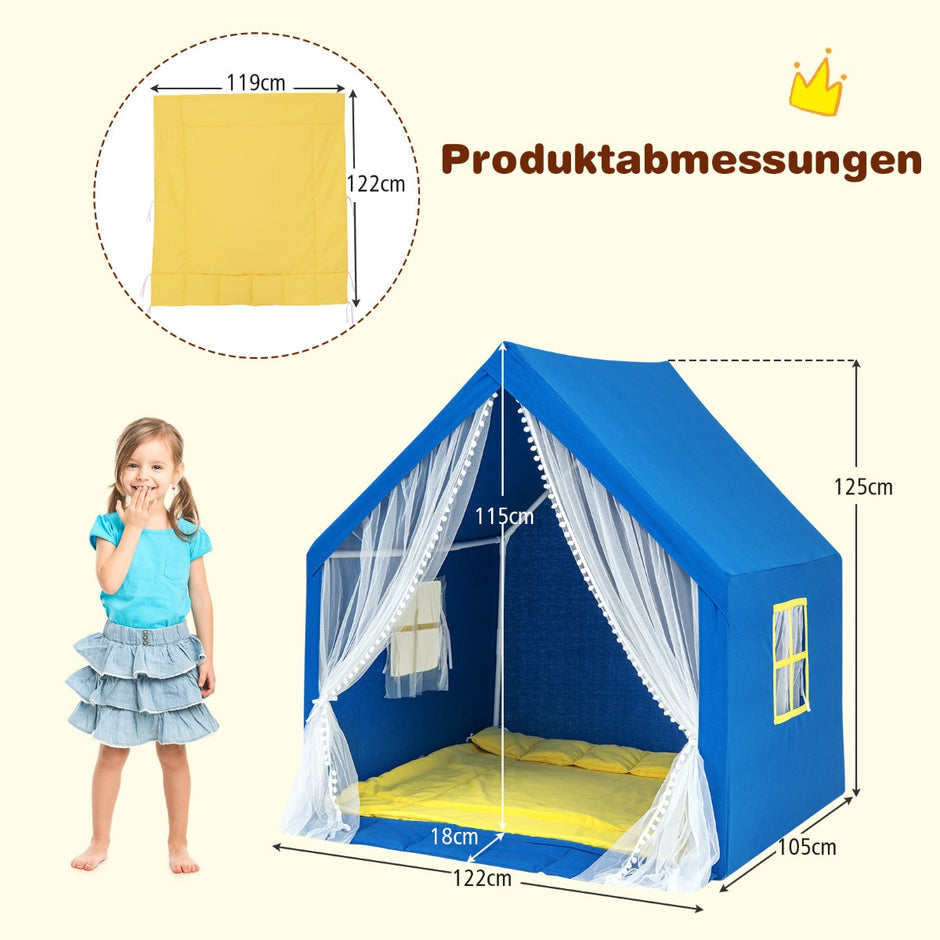 Lektält – Lekstuga för barn med tvättbar bomullsmatta – 122 x 105 x 125 cm – Blå