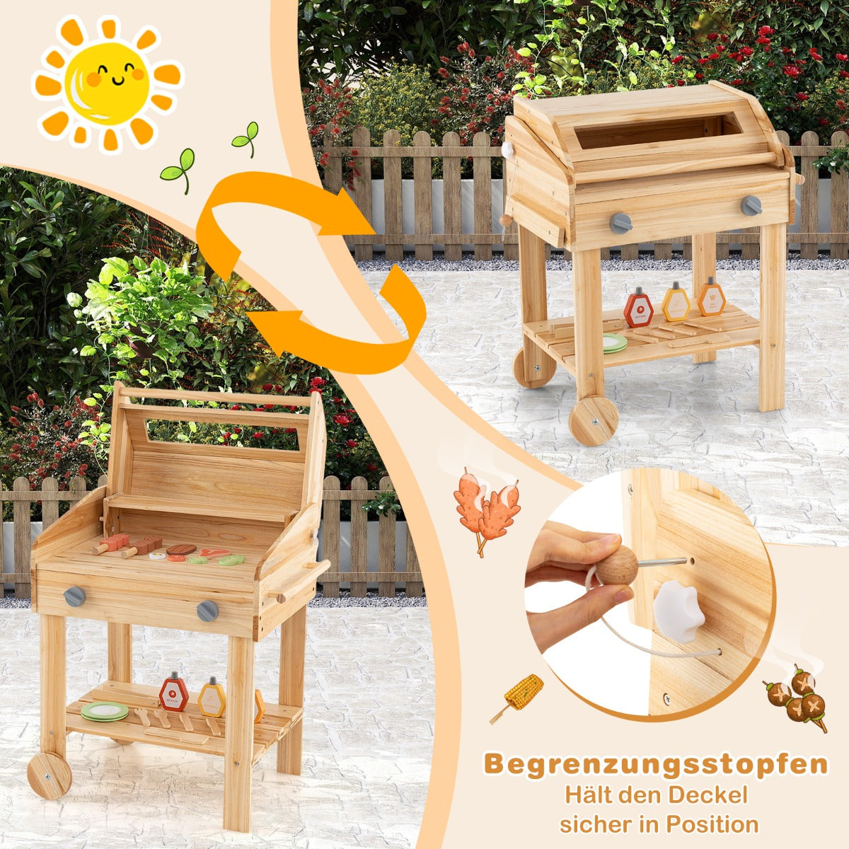 Barns – Grill Lek Set med Mat och Verktyg Tillbehör Köksset – Natur