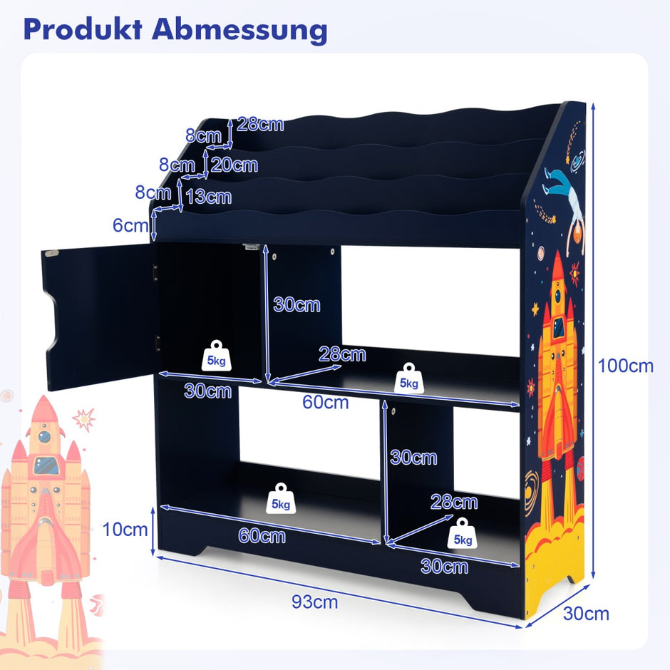 i – leksakshylla med förvaringsfack och dörr vånings barnhylla Bokhylla – 3 1 3 93 x 30 x 100 cm – Blå