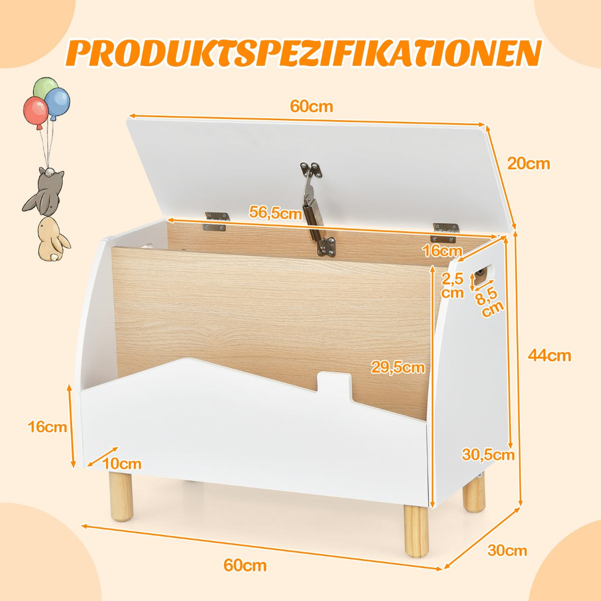 Träleksakslåda – med hylla Leksaksskrin gångjärnslock – 60 x 30 x 44 cm – Vit