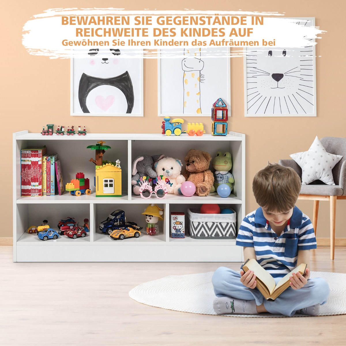 Barnleksaksskåp – av trä Barnhylla Bokhylla – 111 x 30 x 61,5 cm – Vit