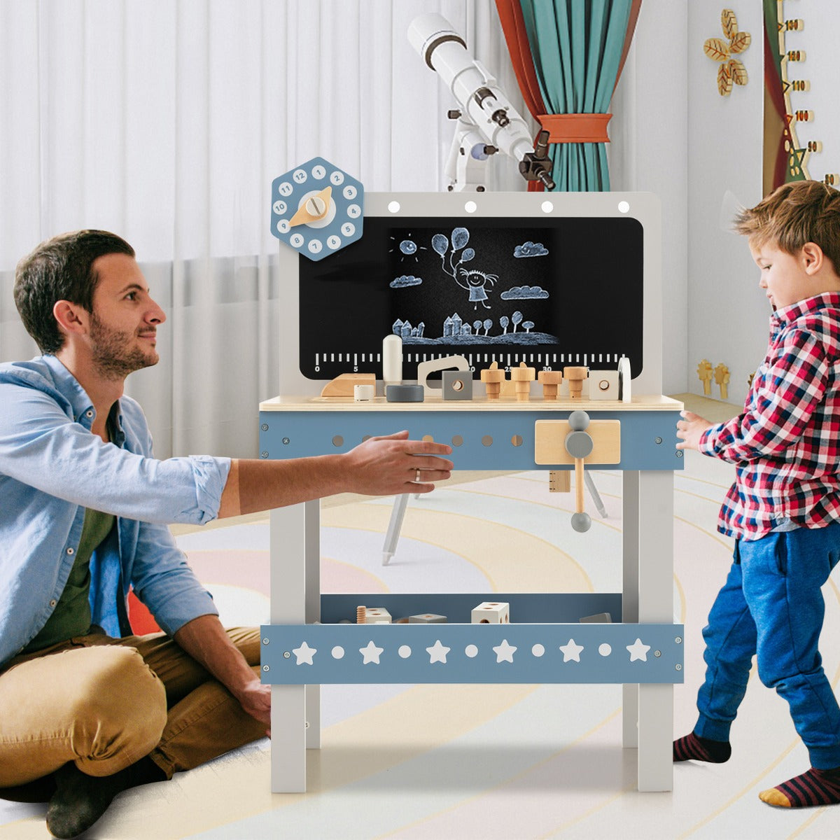 Barns – träarbetsbänk med tavla och klocka tillbehör för från år – 61 3 – Blå