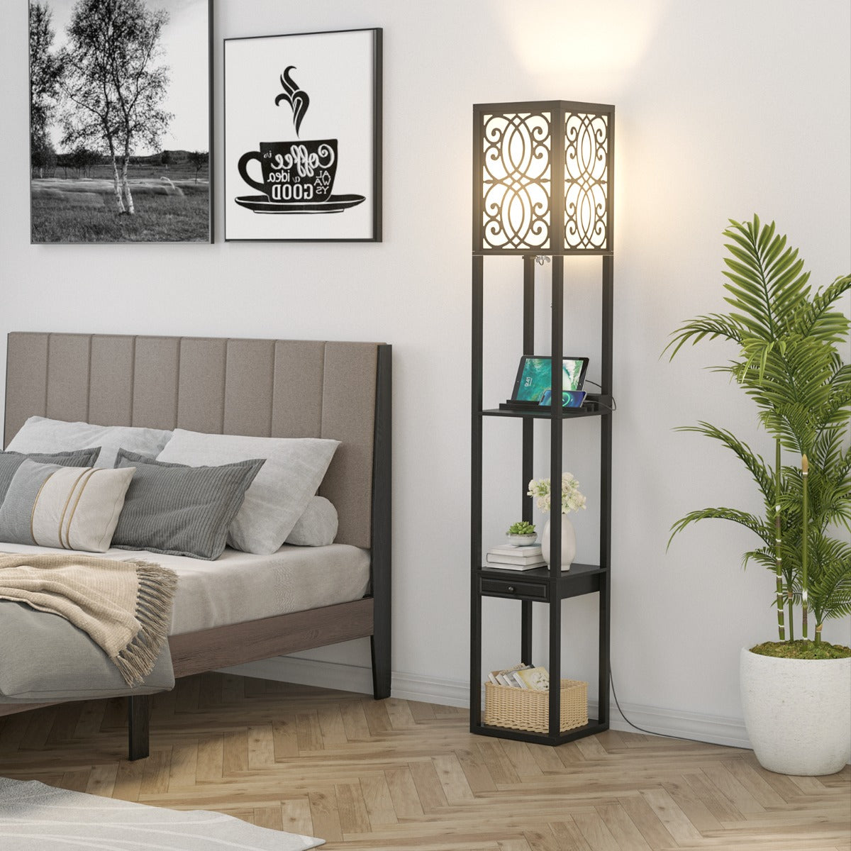 Golvlampa – med hyllor och låda för Vardagsrum Sovrum – 26 x 26 x 160,5 cm – Svart