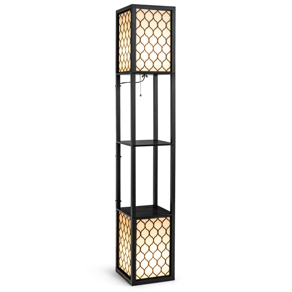 Golvlampshylla – Fristående dubbellampa med trähylla och vit lampskärm – 26 x 26 x 156 cm – Svart