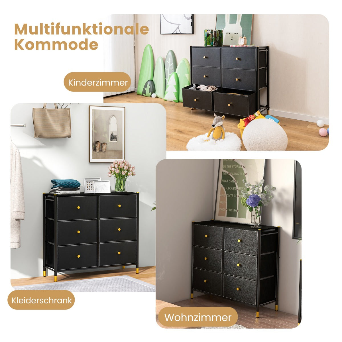 Byrå – för sovrum med lådor hög tyg metallram – 6 89 x 30 x 76,5 cm – Svart