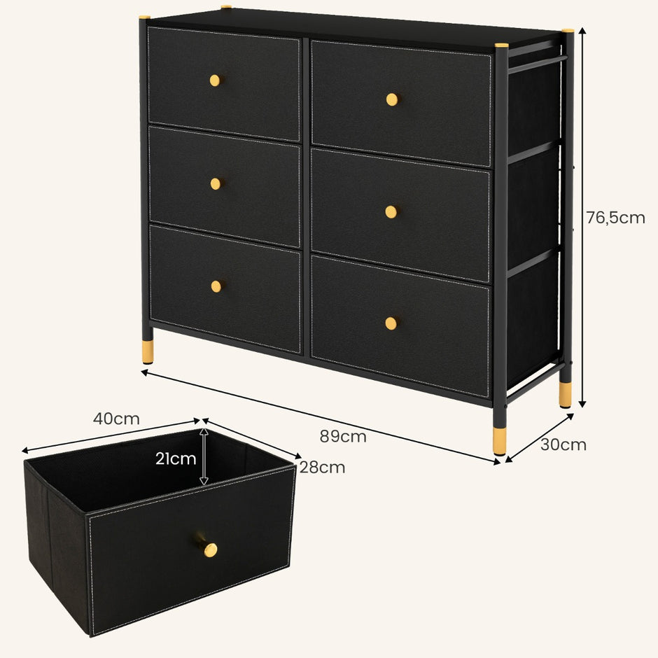 Byrå – för sovrum med lådor hög tyg metallram – 6 89 x 30 x 76,5 cm – Svart