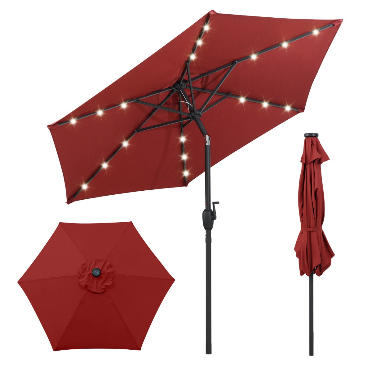 Parasoll – med LED solcellsbelysning och vev, trädgårdsparassoll, marknadsparassoll, vinröd – 230 cm – Vin