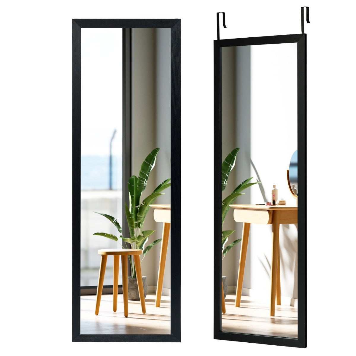 Väggspegel – Dörrspegel med höjdjusterbara hängkrokar för sovrum – 120 x 37 cm – Svart