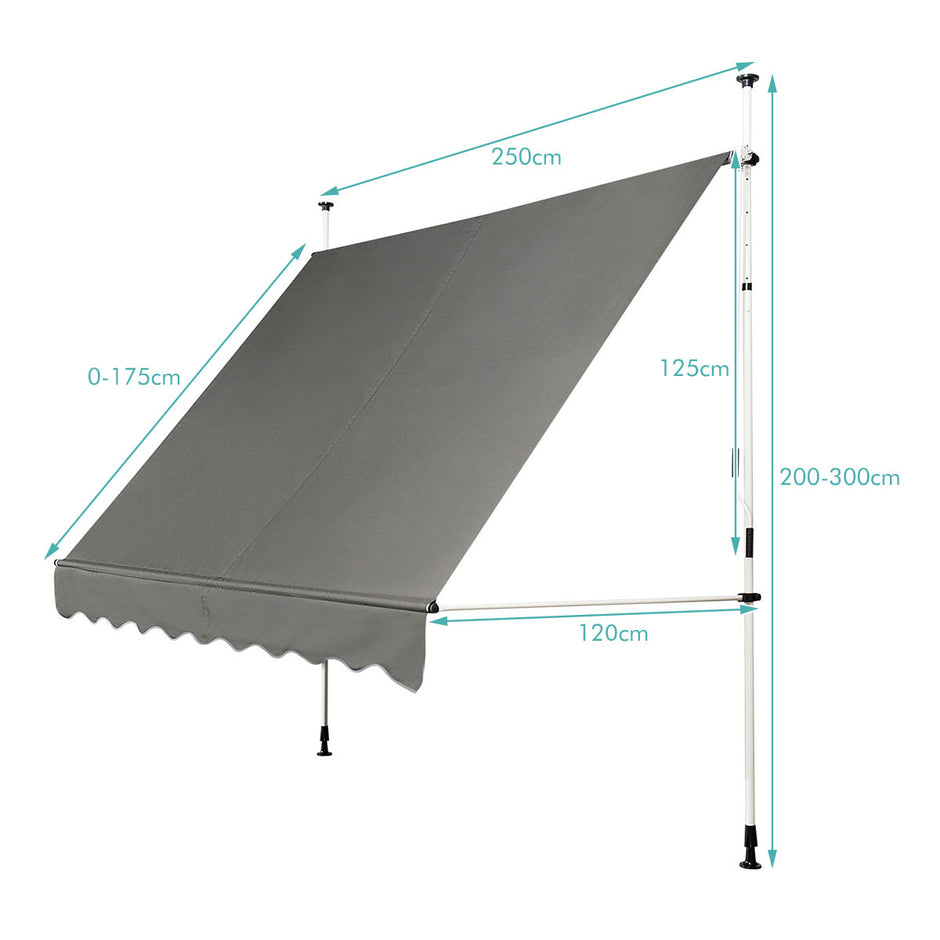Spännmarkis – balkong höjdjusterbar med handvev solskydd – 250 x 120 cm – Grå