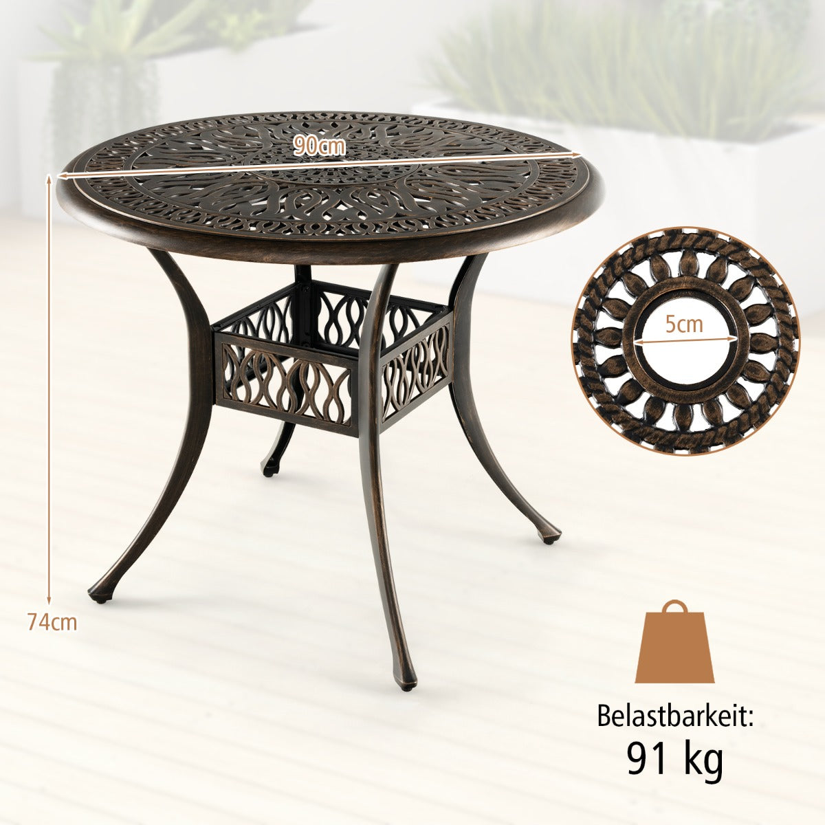 Runt – uteplats matbord bistrobord av gjuten aluminium med paraplyhål – Ø 90 x 74 cm – Brun