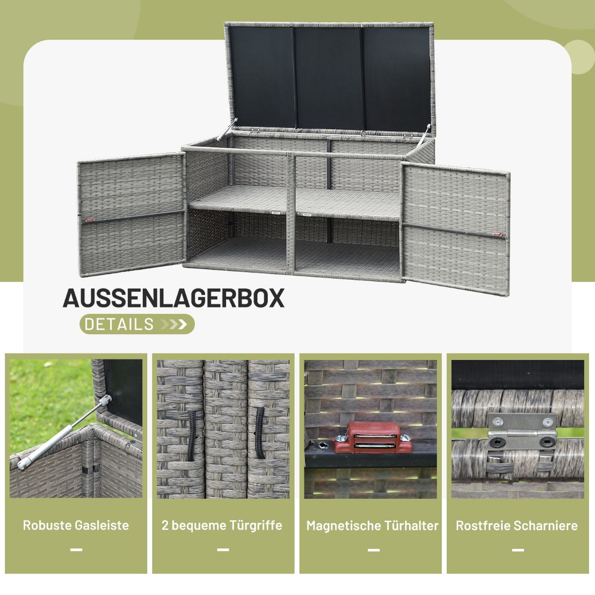 Terrasslåda – i rotting med kapacitet – 335 L 115 x 60 x 65 cm – Grå
