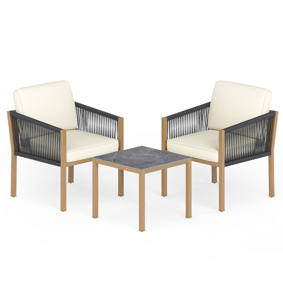 delat – bistroset flätad rep med dynor för balkong terrass trädgård – 3 – Beige