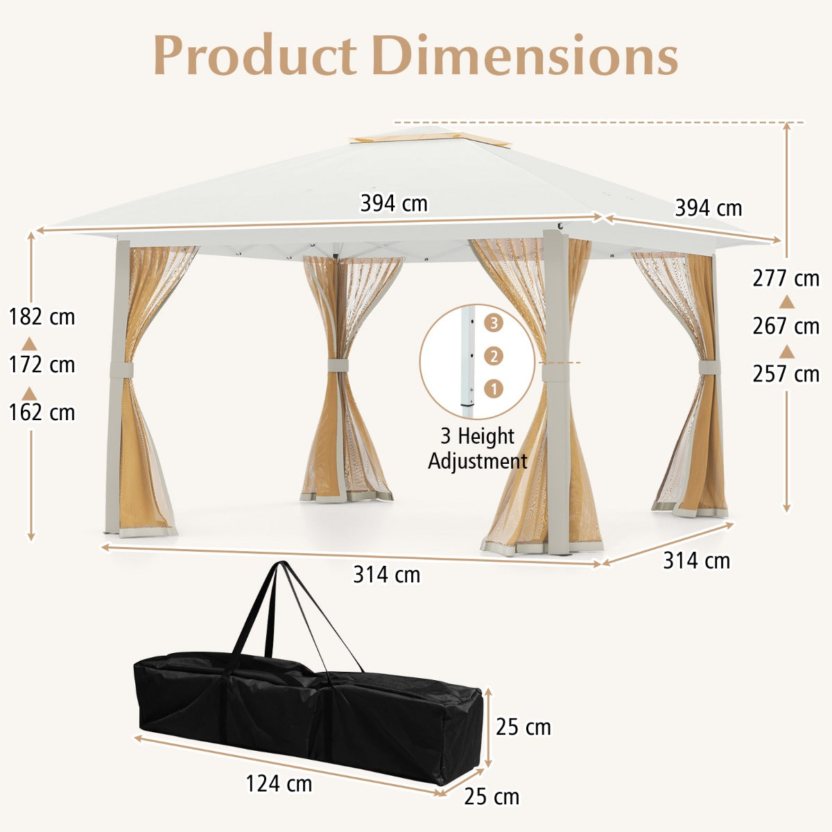Pop – up hopfällbar paviljong med myggnät och dubbelt tak, inklusive bärväska – 4 4 x 4 m – Beige