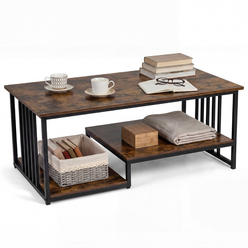 Rektangulär – soffbord med hyllplan och robust metallställ, modern accentbord, rustiskt – 2 – Rustik brun
