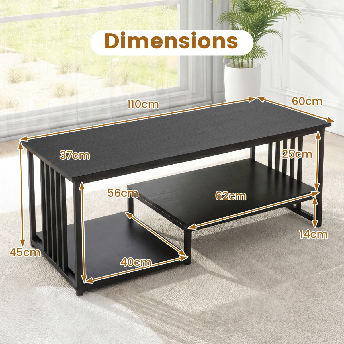 Rektangulär – soffbord med hyllplan och robust metallställ, modern accentbord – 2 – Svart