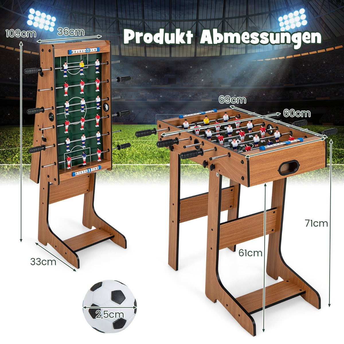 Bordsfotboll – Utrymmesbesparande fotbollsbord med robust handtag Naturlig – 33 x 36 x 109 cm – Natur