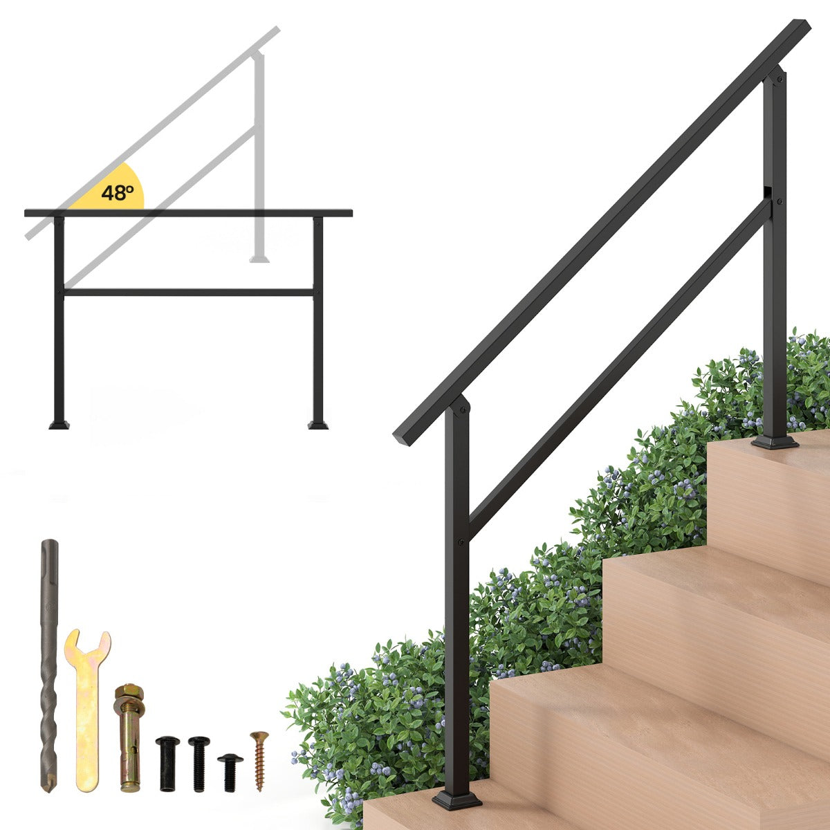 Handrail – Sidomontering Trappräcke Ingångsräcke med flexibel vinkeljustering – Svart