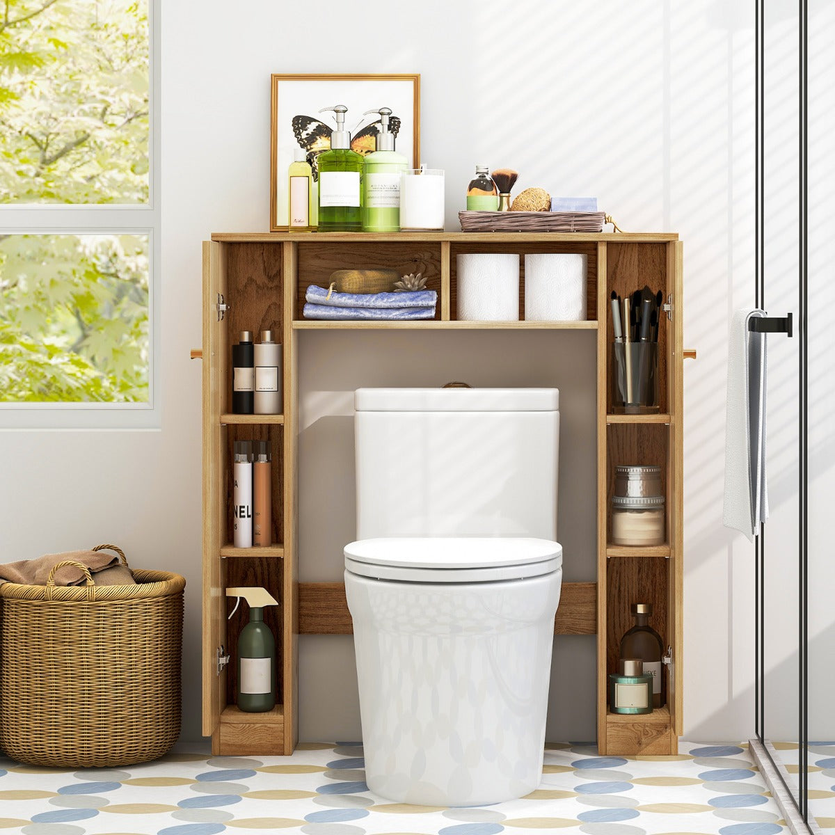 Toalettskåp – med öppna fack och justerbara hyllor Badrumsskåp Natural – 2 4 – Natur