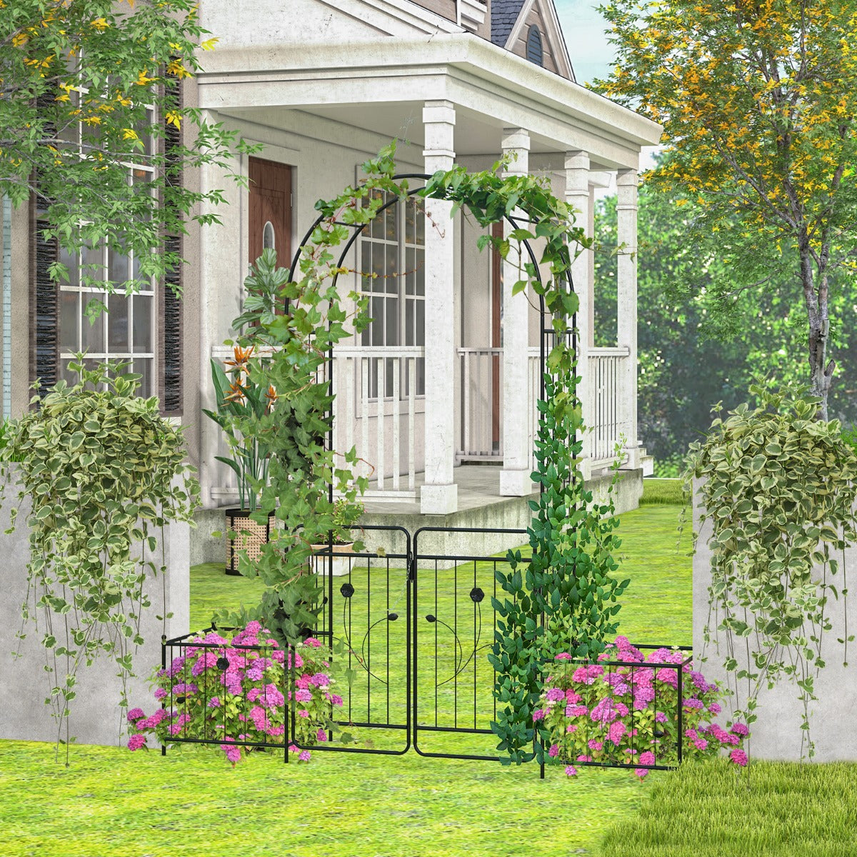 Metallrosbåge – med dörr och planteringskärl Trädgårdsbåge – 2 202 x 50 x 220 cm – Svart