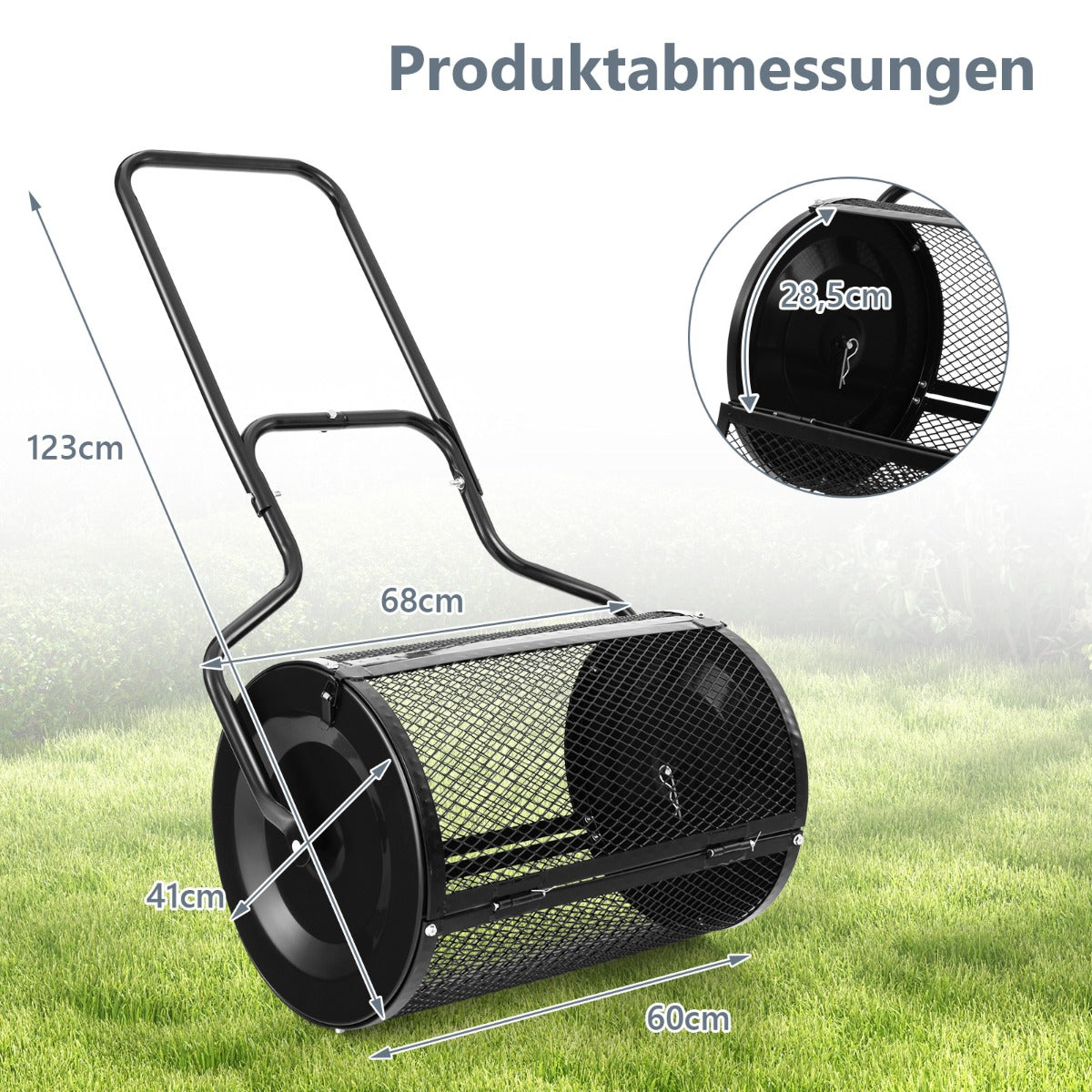 Bred – kompostspridare med förbättrade sidospärrar och U format handtag – 68 cm – Svart