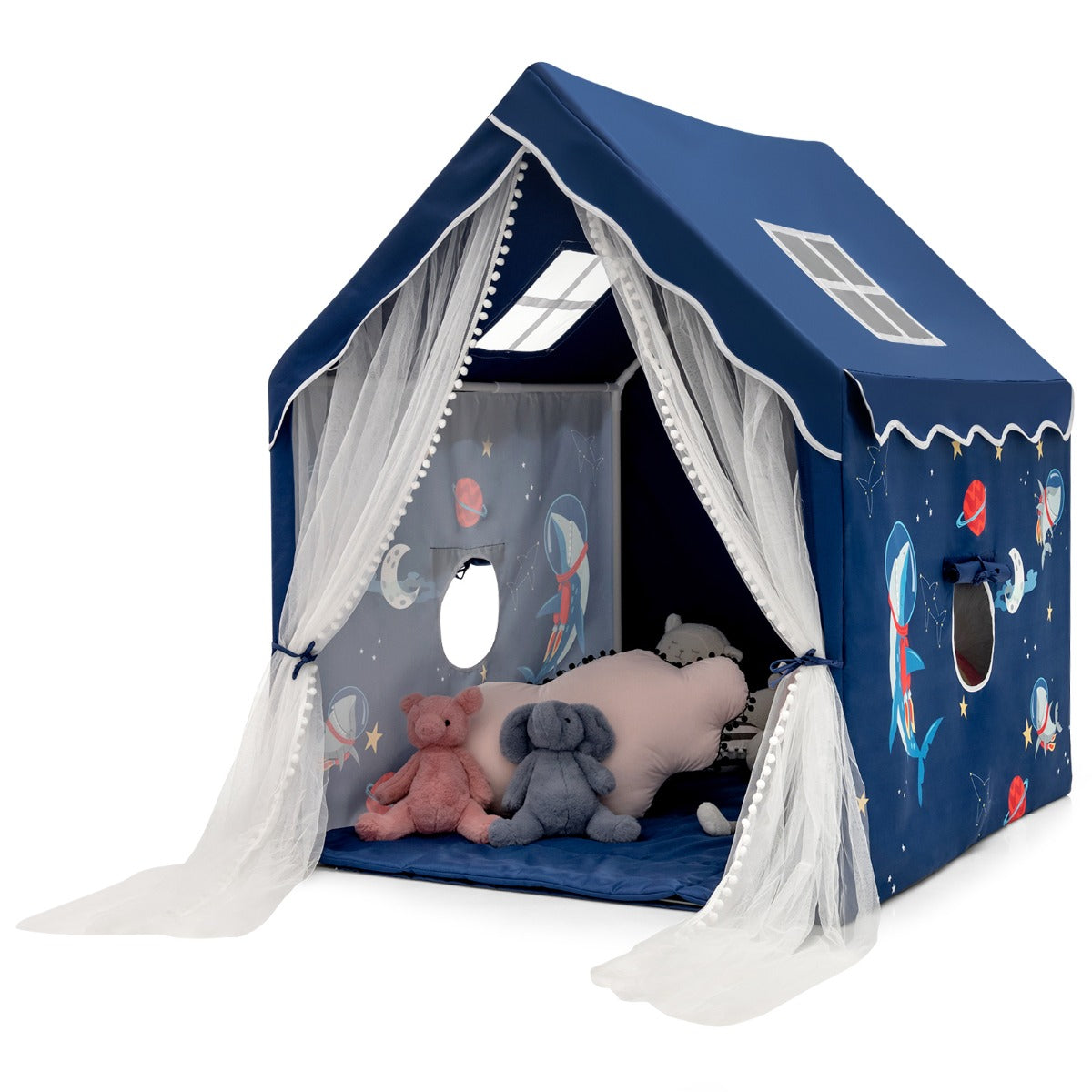 Lektält – Stort barntält inomhus med mattdörrgardin – 121 x 105 x 137 cm – Blå