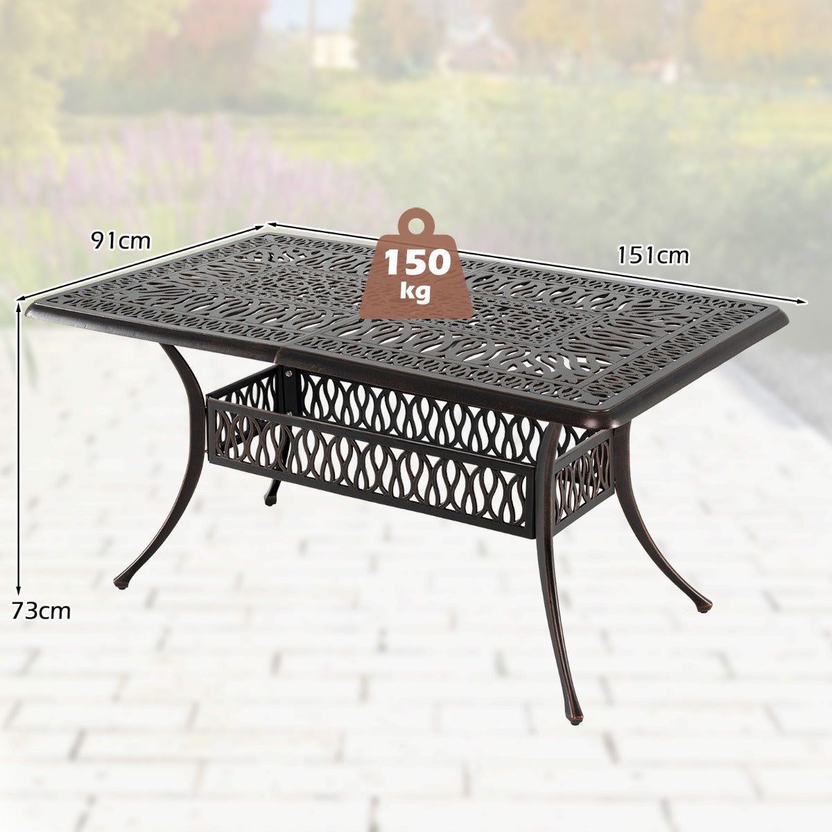 Trädgårdsbord – med hål för parasoll i gjuten aluminium, väderbeständigt terrassbord/balkongbord – 151 x 91 cm – Brons