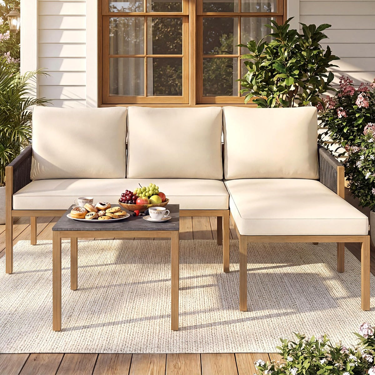 Trädgårdslounge – med bord och kuddar, delig sittgrupp, trädgårdsmöbler, för – 3 – Beige