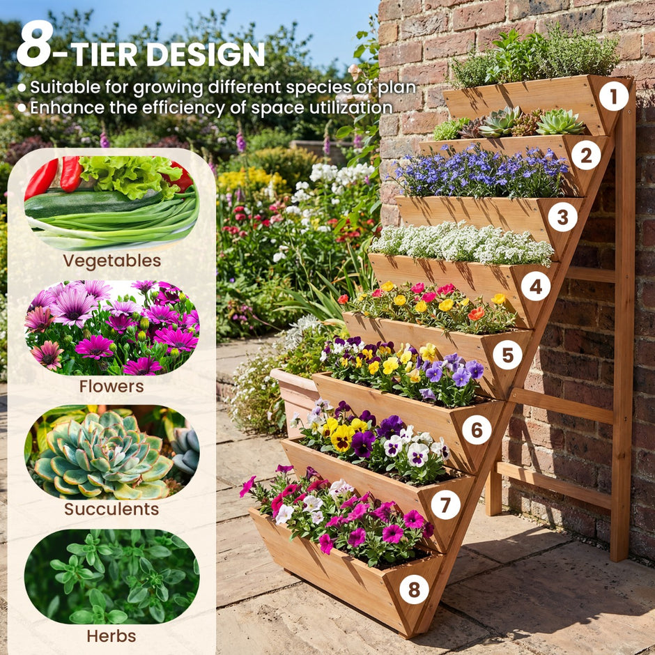 Vertikalt – odlingsbord med nivåer av granträ, blomsterbädd planteringslådor, blomstertrappa – 8 – Orange