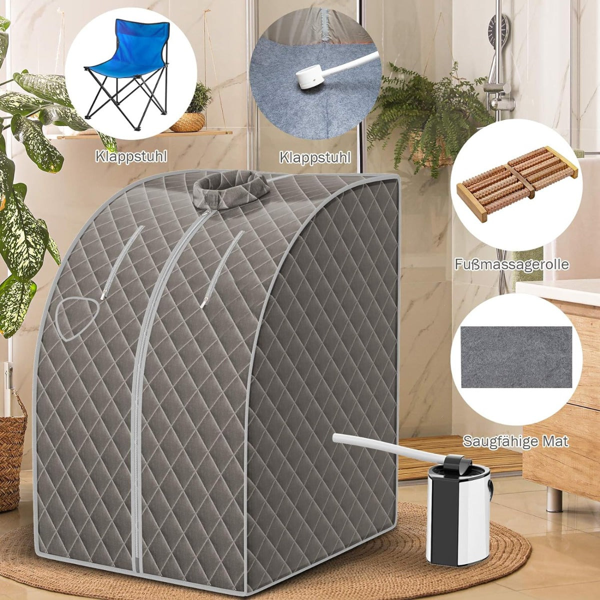 Bärbar – ångbastu 3L 1000W Mini hemmabastu med justerbara temperaturer – 9 78 x 87 x 101 cm – Grå