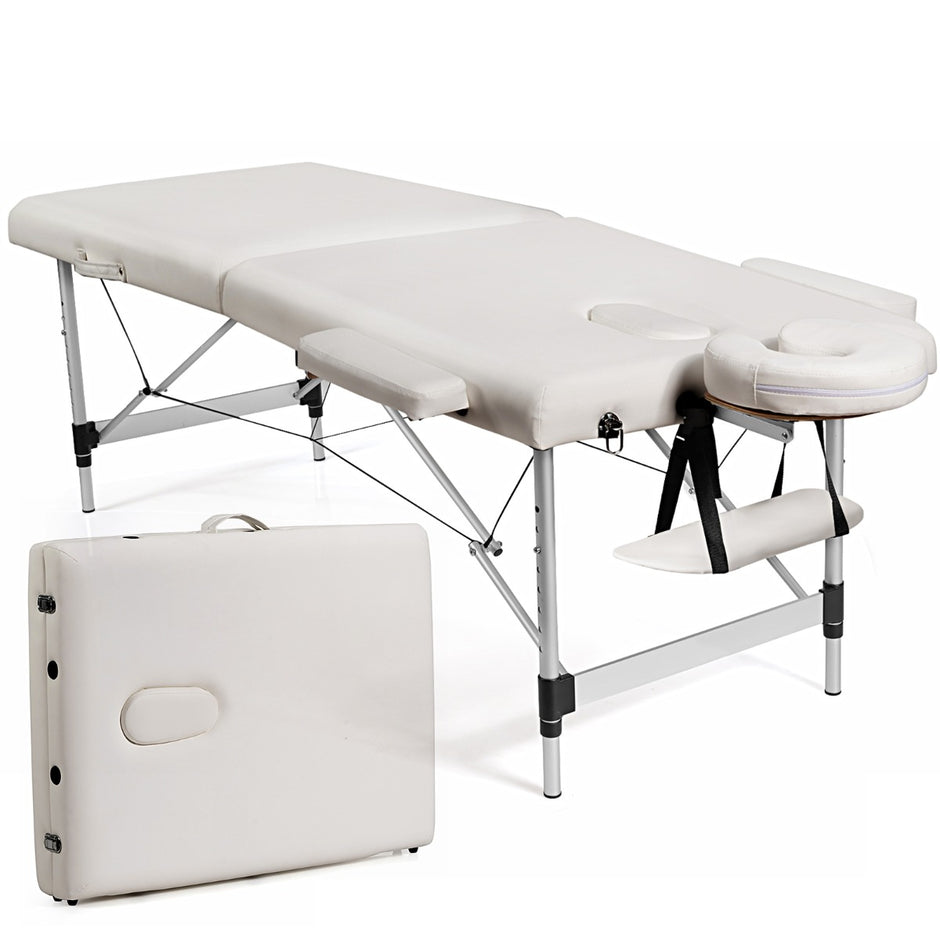 Bred – massagebänk i aluminium med bärväska faldig hopfällbar massagesäng avtagbart nackstöd och armstöd – 2 70 cm – Vit