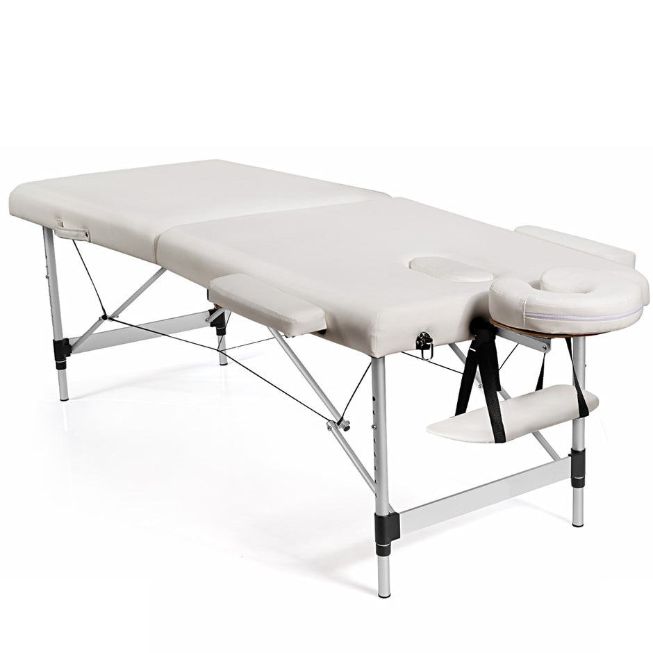Bred – massagebänk i aluminium med bärväska faldig hopfällbar massagesäng avtagbart nackstöd och armstöd – 2 70 cm – Vit