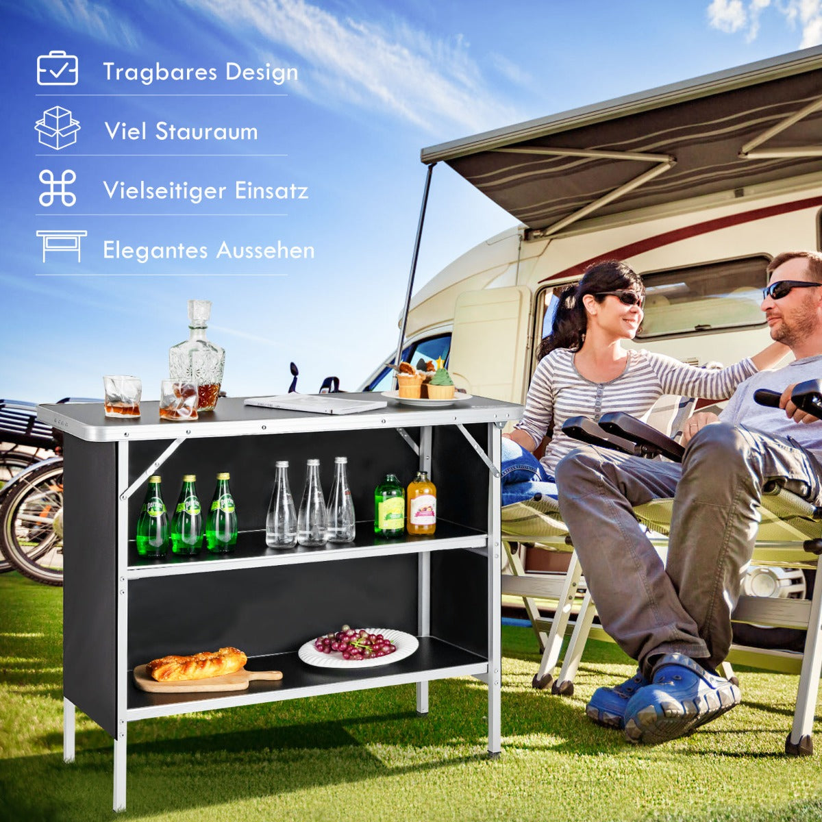 Fällbart – campingbord i aluminium med vånings hyllor Campingskåp – 2 – Svart