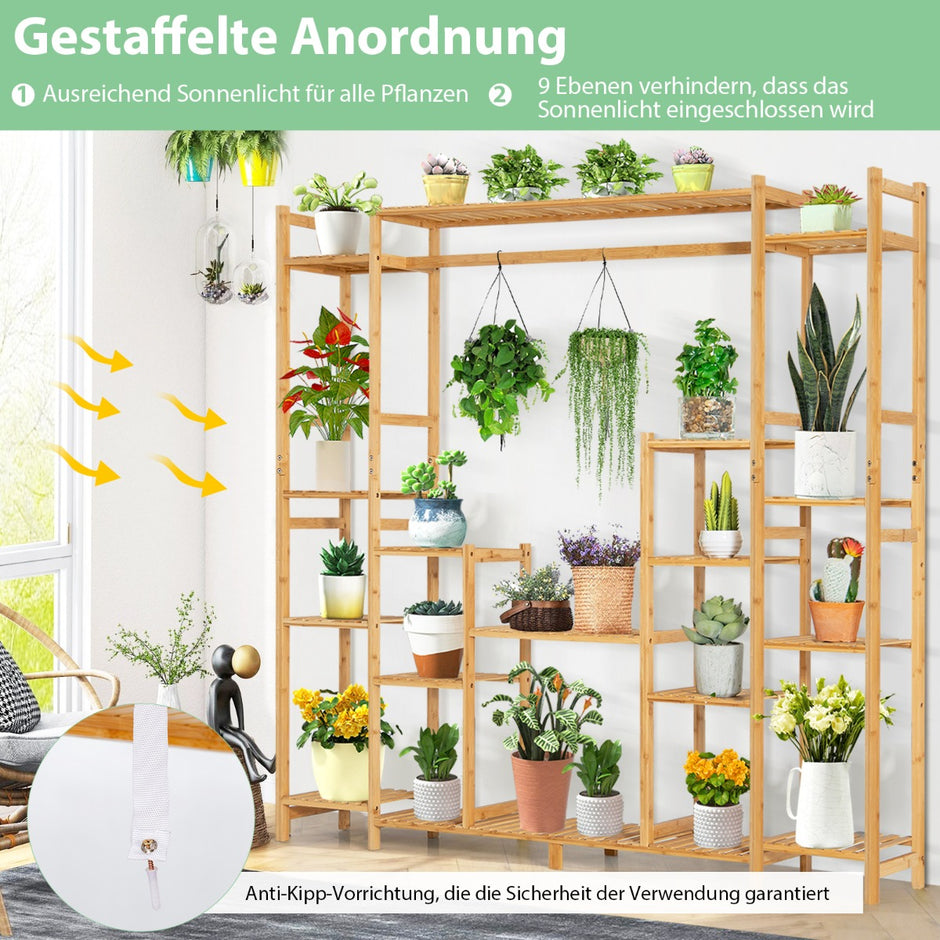 Bambuväxthylla – med nivåer och hängram, stående rumsavdelare, blomhylla – 9 167 x 30 x 166 cm – Natur