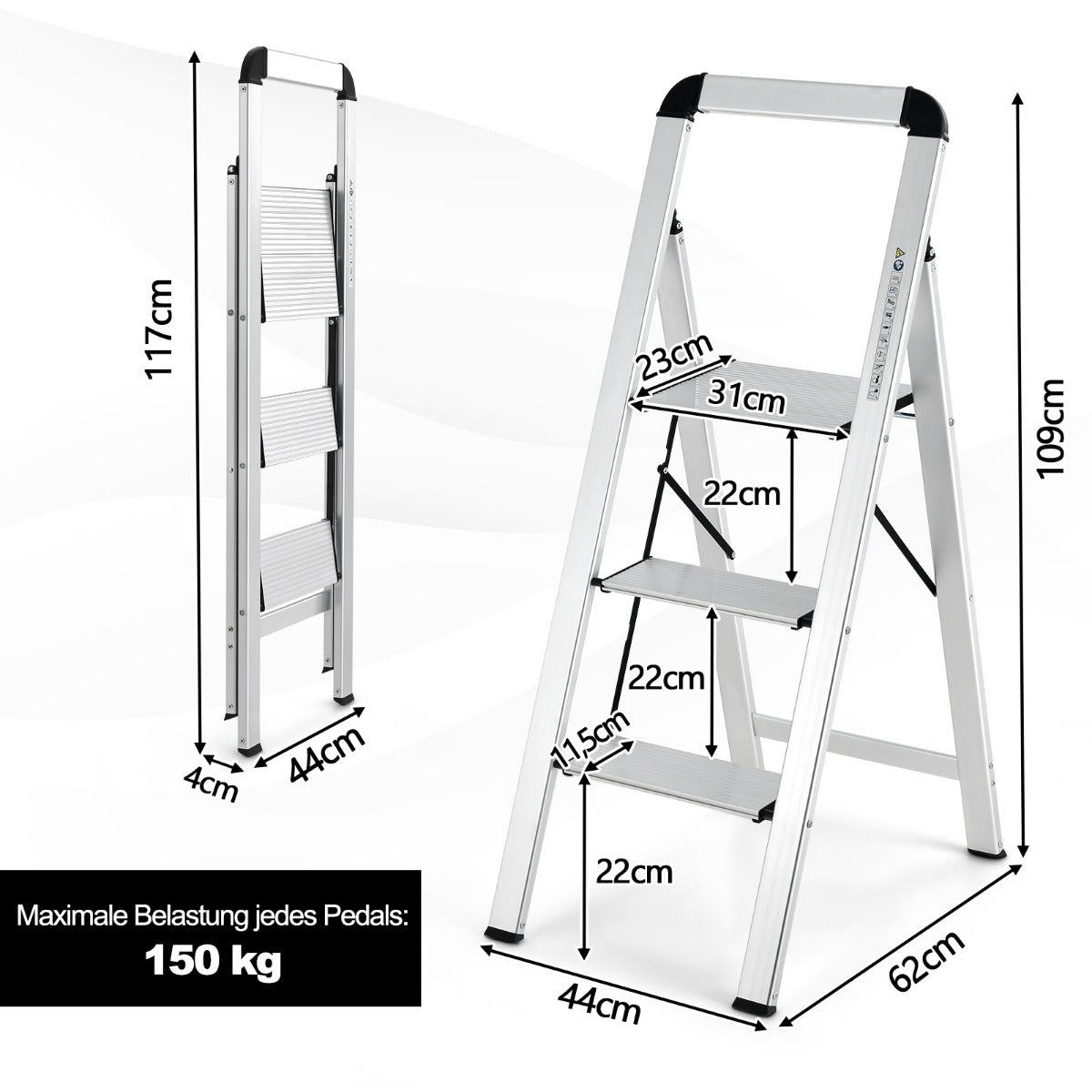 Trappstege – med Fällbar stegpall av aluminium halkfria – 3 62 x 44 x 109 cm – Silver