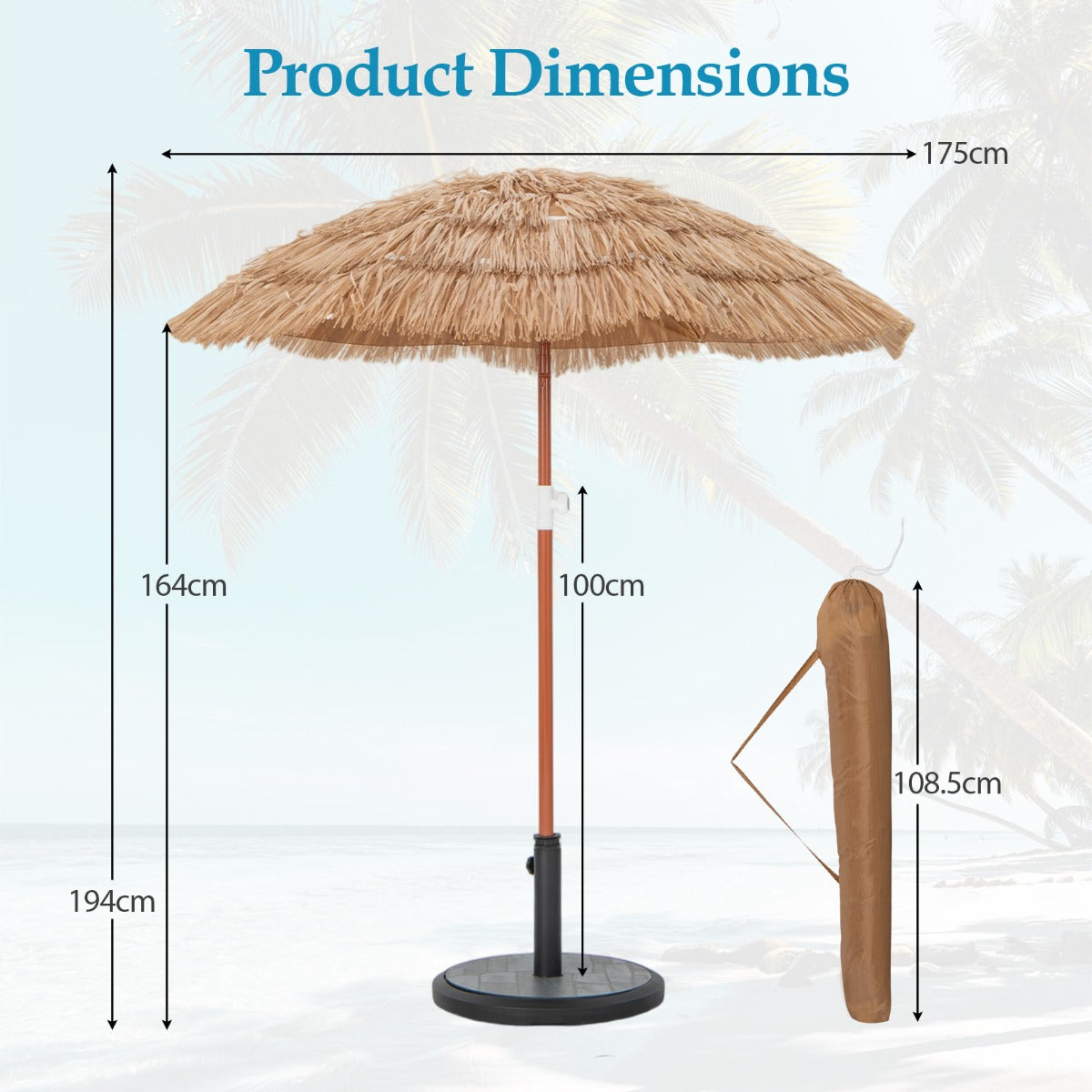 Hawaiian – Beach Paraply med Bärväska och Tilt Design Bord – 175 cm – Natur
