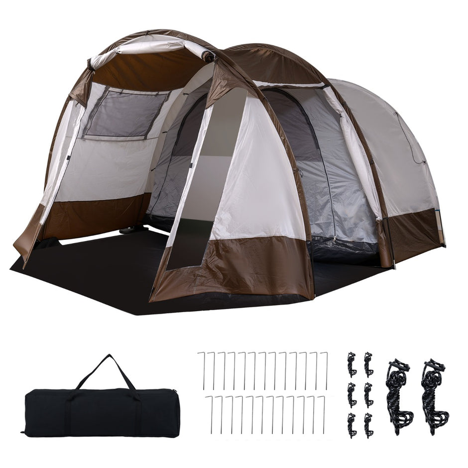 Tunnelttält – för personer, vattenavvisande campingtält med stort förrum och ventilationsdörr – 4-6 – Brun