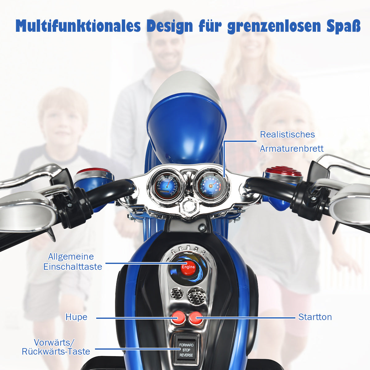 6V – elmotorcykel med justerbar strålkastare + – 91 x 48 x 64 cm – Blå