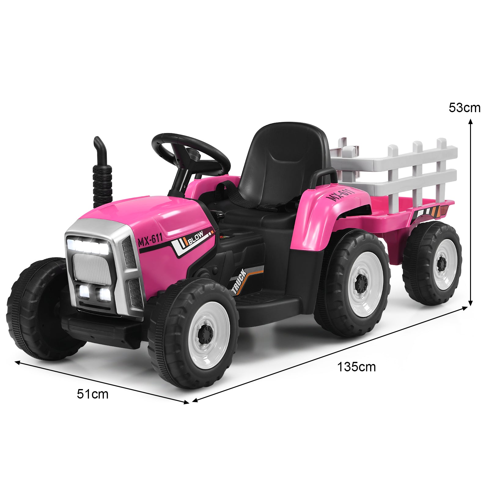 12V – barntraktor med släp Elektrisk leksaksbil – 135 x 51 x 53 cm – Rosa