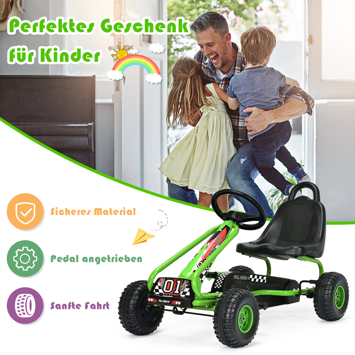Pedal – Go Kart med justerbar sits hjul åkbil + – 4 92 x 50 x 53 cm – Grön