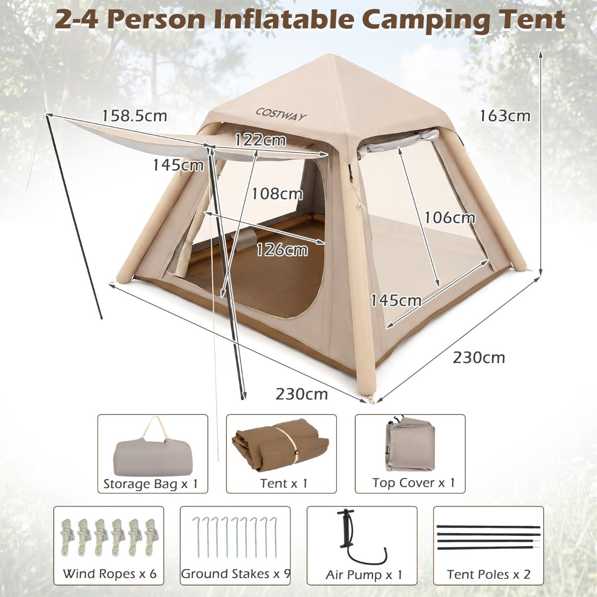 Uppblåsbart – Campingtält för Personer Lufttält med Avtagbart Förtält Nätfönster och Dörrar – 2-4 2 – Khaki