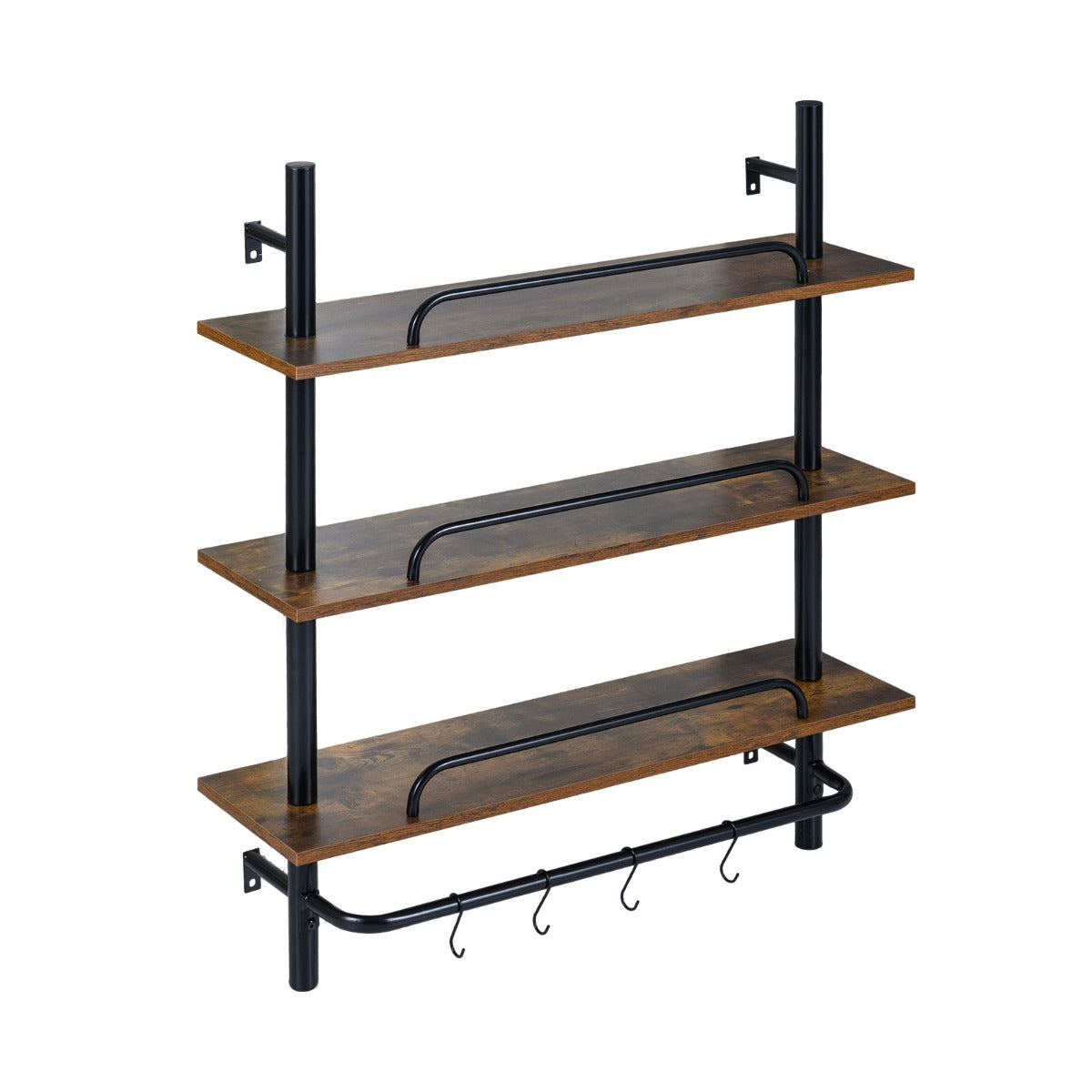 nivåers – flytande rörhylla Vägghylla med S formade krokar utan belysning – 3 4 80,5 x 24 x 97 cm – Rustik brun
