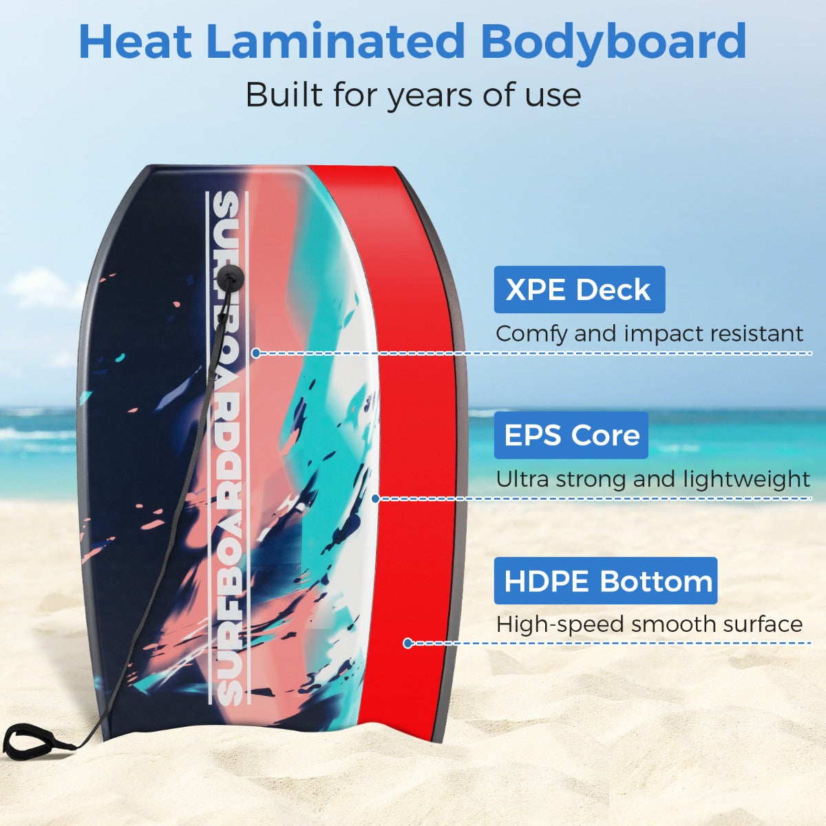 Barnbodyboard – med EPS kärna och XPE topp HDPE underdel handledsrem, färgrikt – 104 cm – Färgglad