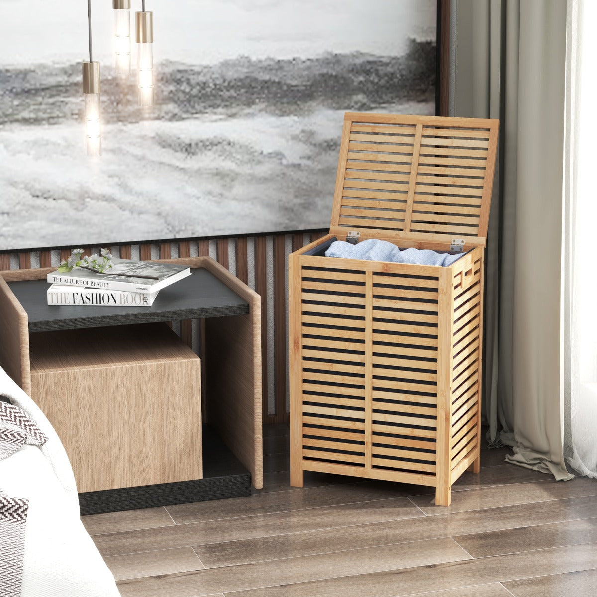 80L – tvättkorg med lock och avtagbar tvättbar tvättpåse Bambu tvättuppsamlare – Natur
