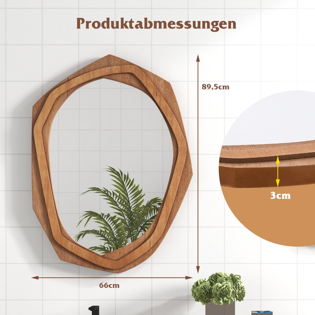 Oregelbunden – inramad dekorativ spegel Vattentät – 89,5 x 66 cm – Natur